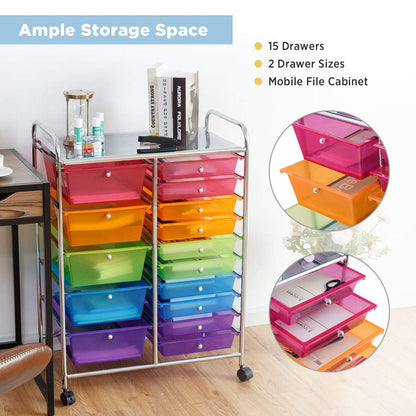 15-Drawer Rolling Storage Drawer Cart, Tools Scrapbook File Paper Craft Organizer Cart w/ Wheels