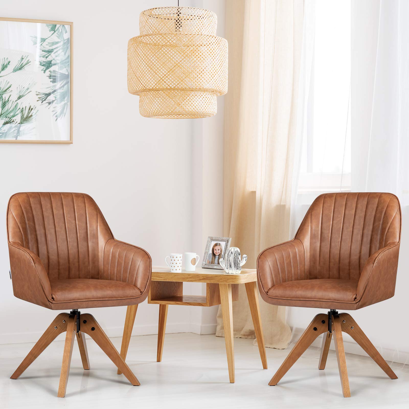 360¡ã Swivel Accent Chair, Upholstered Armchair w/High-Density Sponge, Solid Wood Legs, PU Leather, Brown