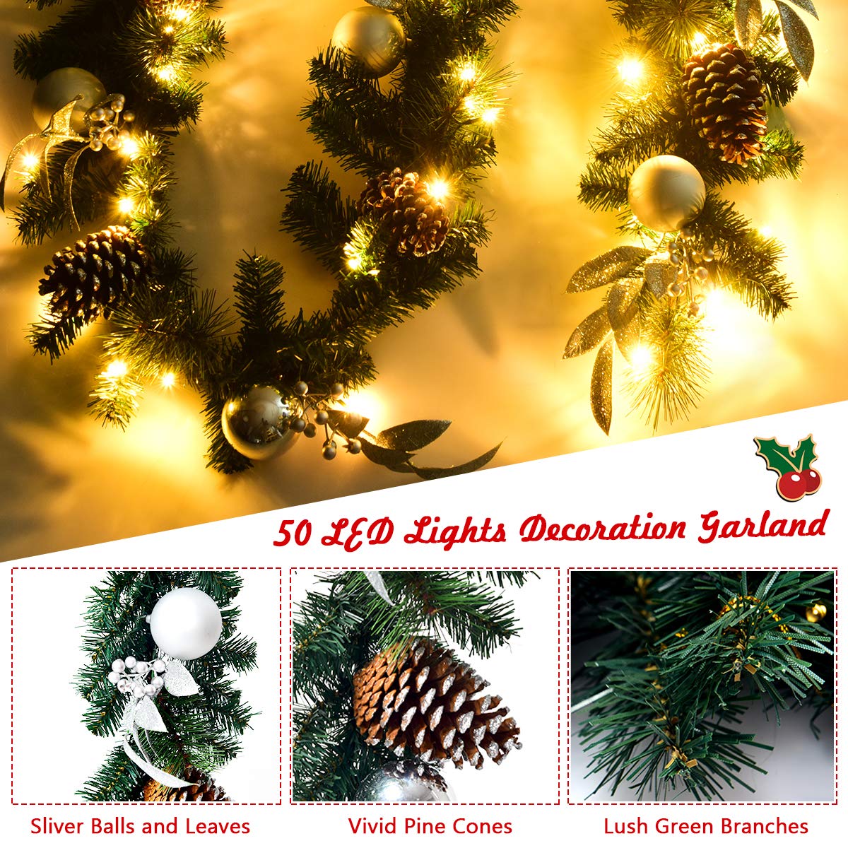 2.7M Christmas Garland, Pre-lit Xmas Pine Garland