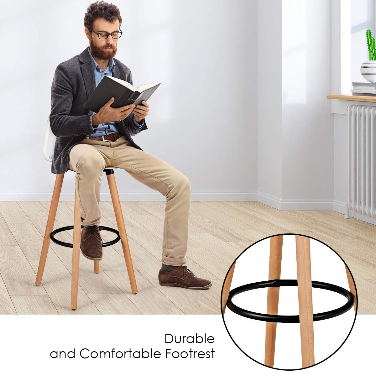 2Pcs Bar Stools, Pub High Barstool Dinning Chair w/ Round Metal Footrest, Beech Wood Legs