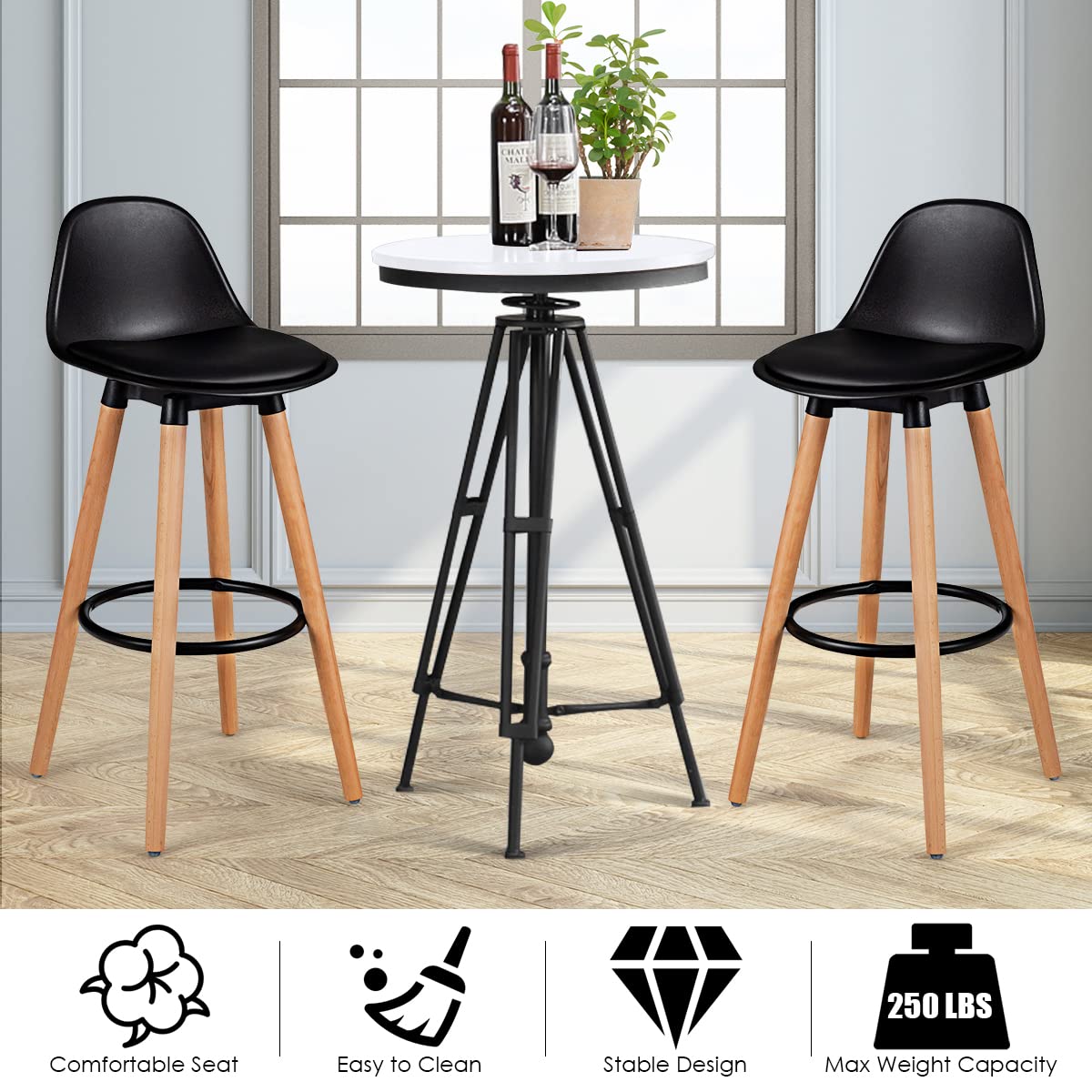2Pcs Bar Stools, Pub High Barstool Dinning Chair w/ Round Metal Footrest, Beech Wood Legs