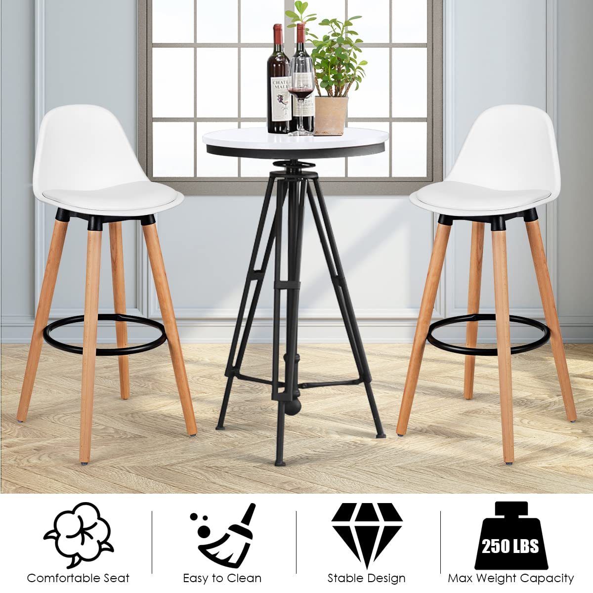 2Pcs Bar Stools, Pub High Barstool Dinning Chair w/ Round Metal Footrest, Beech Wood Legs