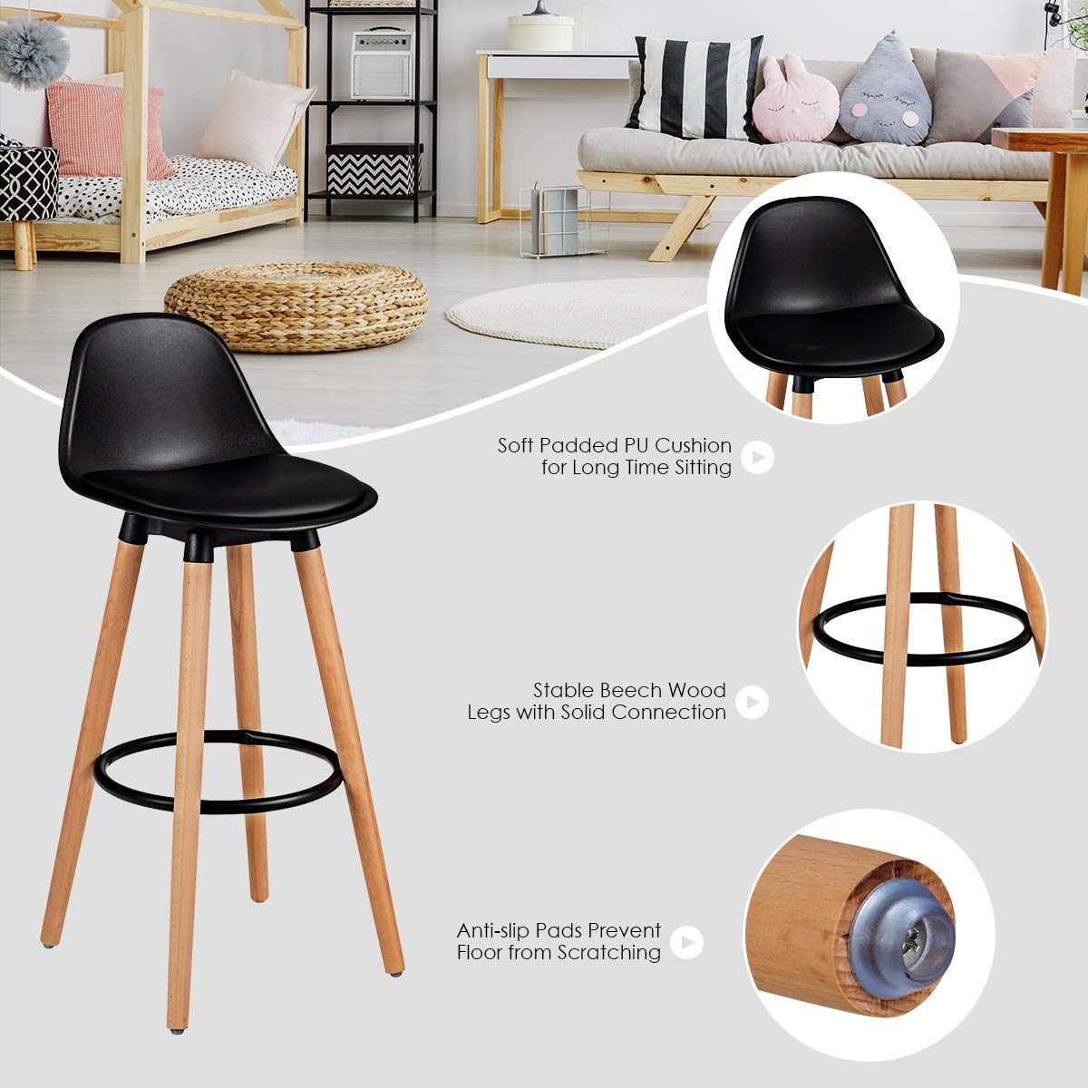 2Pcs Bar Stools, Pub High Barstool Dinning Chair w/ Round Metal Footrest, Beech Wood Legs