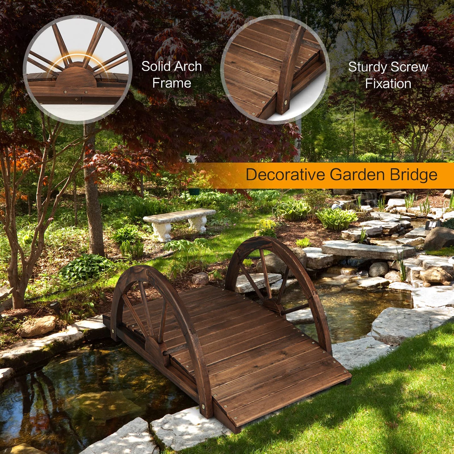 3.3 FT Wooden Garden Bridge, Carbonized Fir Wood Arc Bridge W/Wheel-Shaped Safety Railings