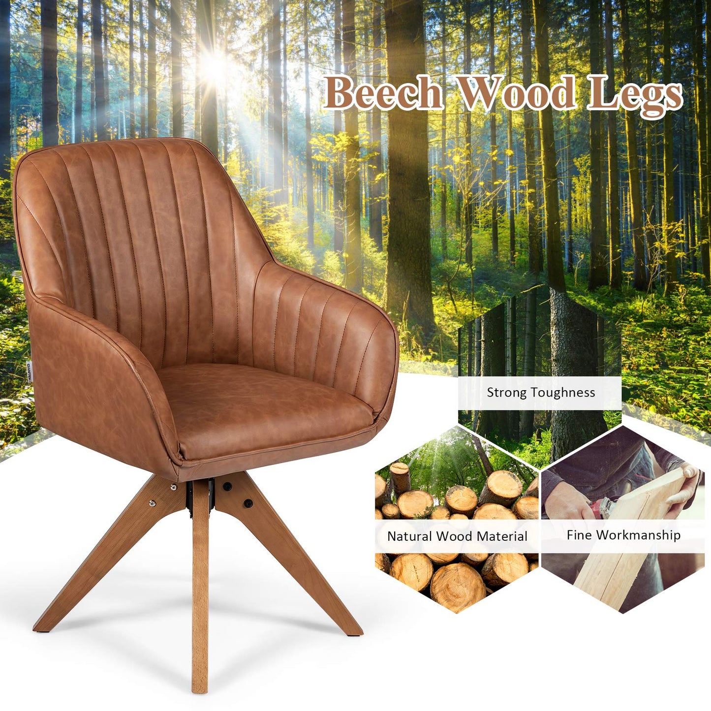 360¡ã Swivel Accent Chair, Upholstered Armchair w/High-Density Sponge, Solid Wood Legs, PU Leather, Brown