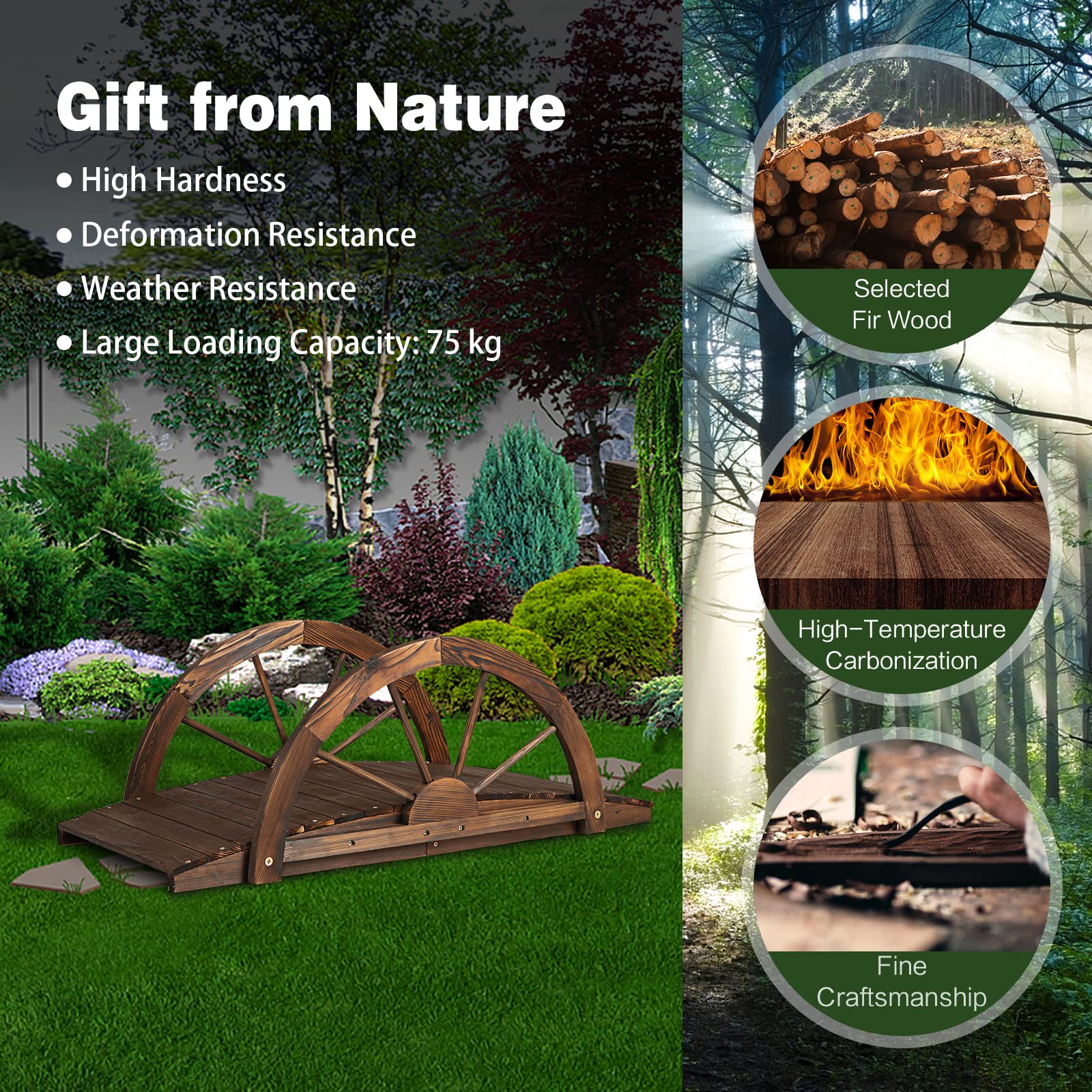 3.3 FT Wooden Garden Bridge, Carbonized Fir Wood Arc Bridge W/Wheel-Shaped Safety Railings