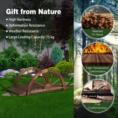 3.3 FT Wooden Garden Bridge, Carbonized Fir Wood Arc Bridge W/Wheel-Shaped Safety Railings