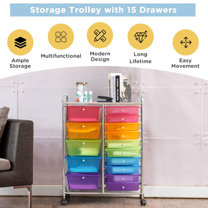 15-Drawer Rolling Storage Drawer Cart, Tools Scrapbook File Paper Craft Organizer Cart w/ Wheels