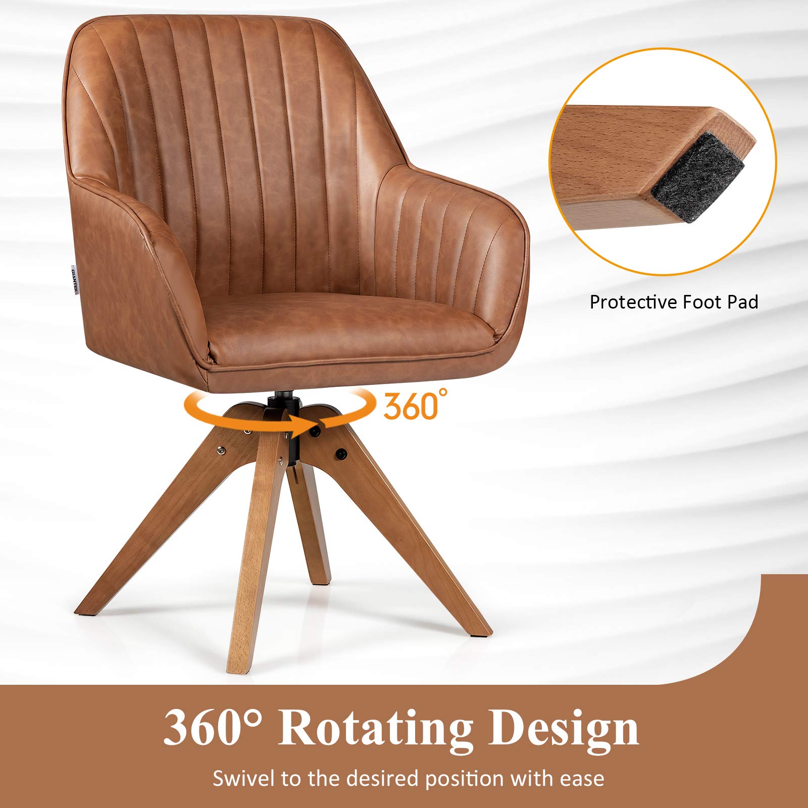 360¡ã Swivel Accent Chair, Upholstered Armchair w/High-Density Sponge, Solid Wood Legs, PU Leather, Brown