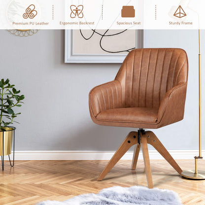 360¡ã Swivel Accent Chair, Upholstered Armchair w/High-Density Sponge, Solid Wood Legs, PU Leather, Brown