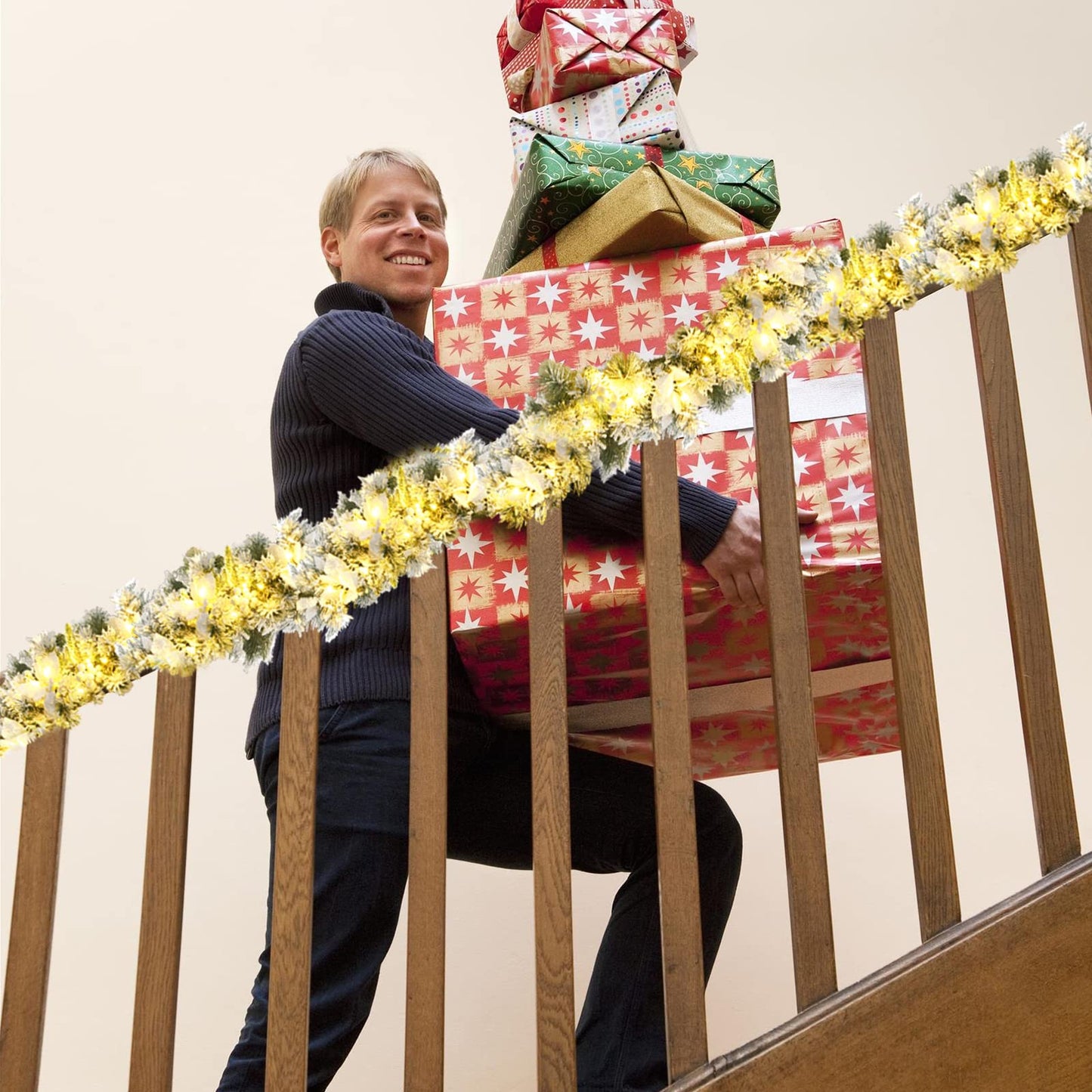 280cm Christmas Garland, Pre-Lit Flocked Garland w/180 Tips