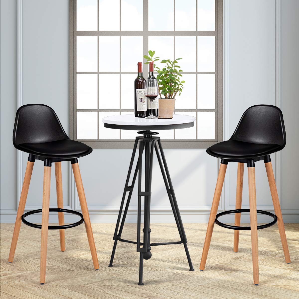 2Pcs Bar Stools, Pub High Barstool Dinning Chair w/ Round Metal Footrest, Beech Wood Legs