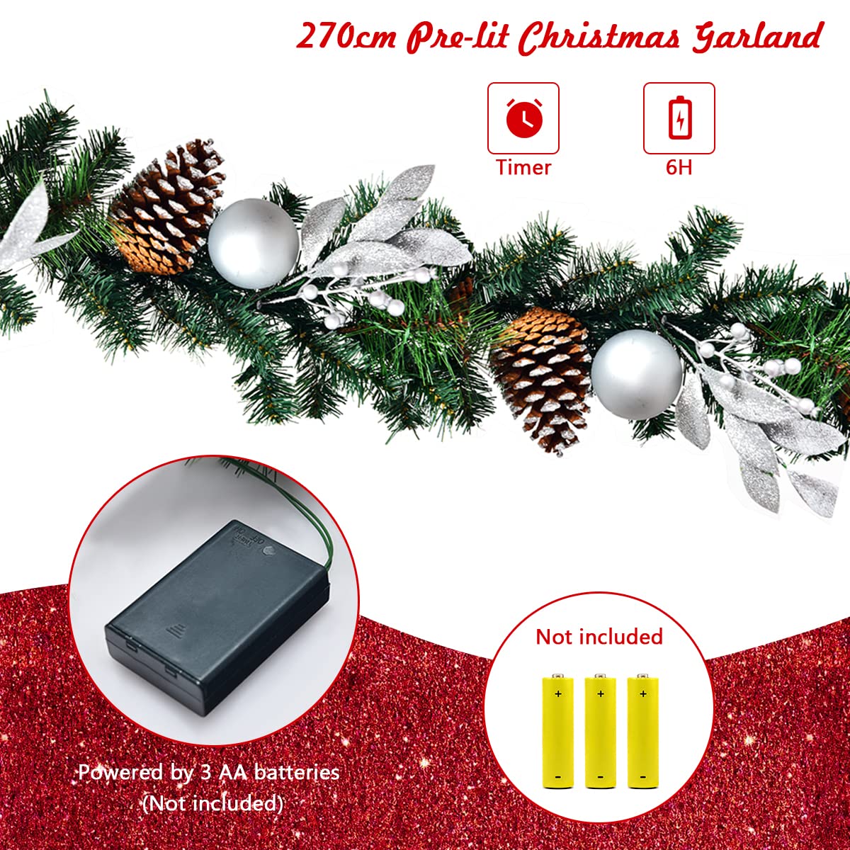 2.7M Christmas Garland, Pre-lit Xmas Pine Garland