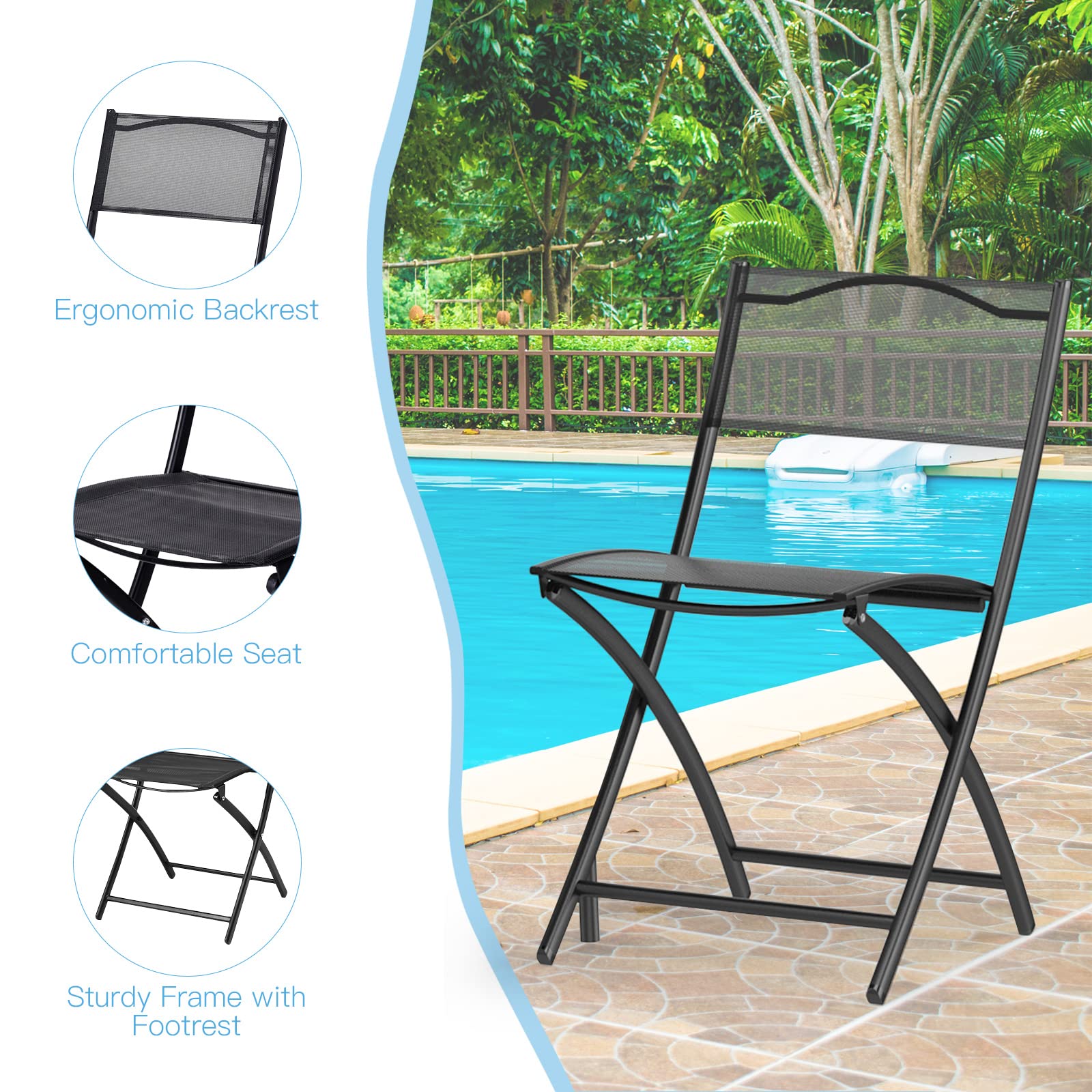 3-Piece Patio Bistro Set, Outdoor Bistro Table Set with Round Black Tempered Glass Tabletop and 2 Folding Chairs