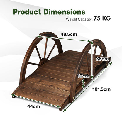 3.3 FT Wooden Garden Bridge, Carbonized Fir Wood Arc Bridge W/Wheel-Shaped Safety Railings
