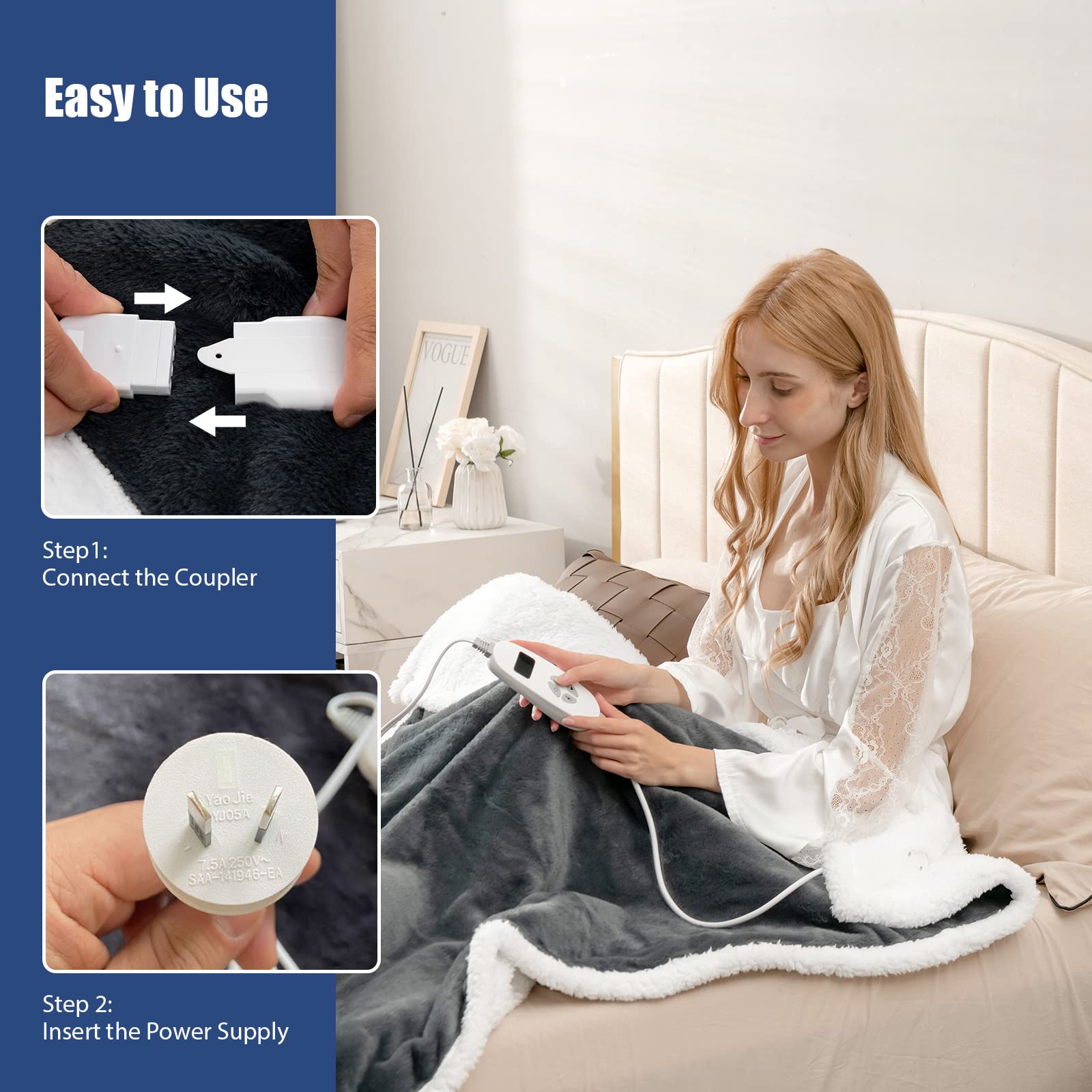 320GSM Rabbit Velvet Electric Blanket,Heated Throw Double-Side Fabric Reversible Blanket