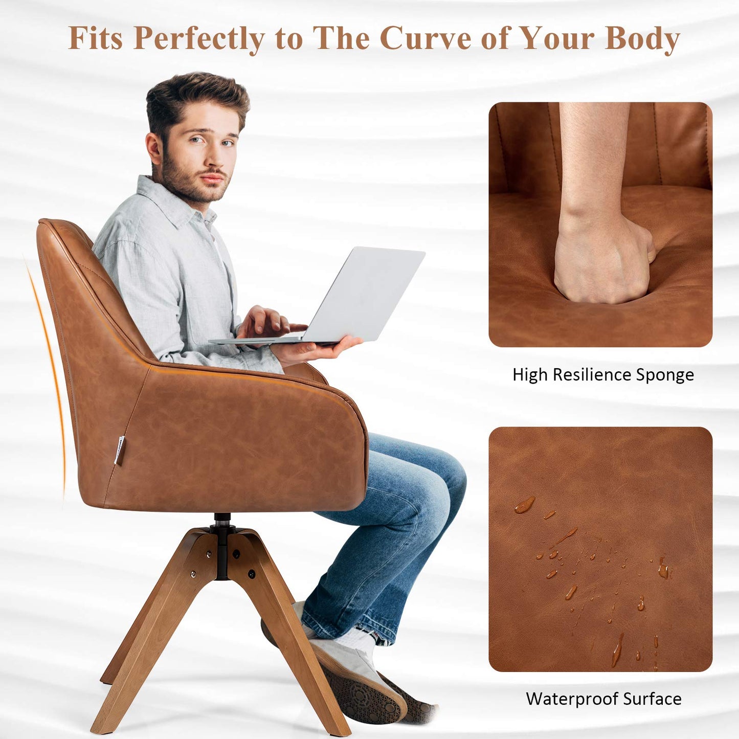 360¡ã Swivel Accent Chair, Upholstered Armchair w/High-Density Sponge, Solid Wood Legs, PU Leather, Brown