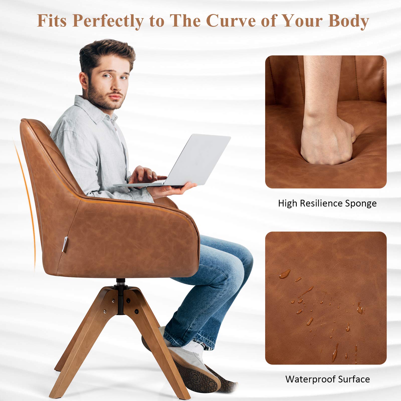 360¡ã Swivel Accent Chair, Upholstered Armchair w/High-Density Sponge, Solid Wood Legs, PU Leather, Brown