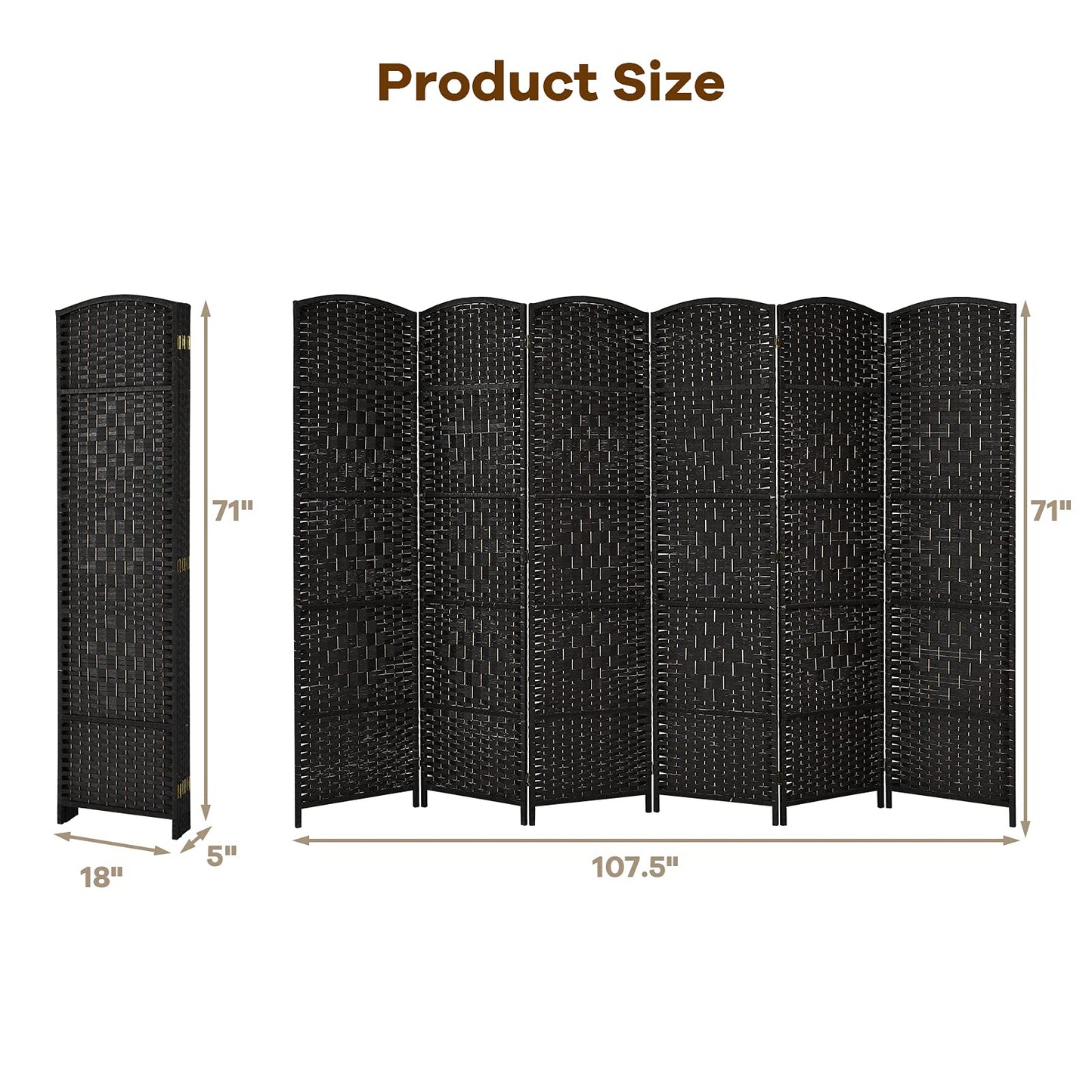 6-Panel Screen Room Divider, 6Ft Folding Privacy Screen w/Hand-woven Rattan