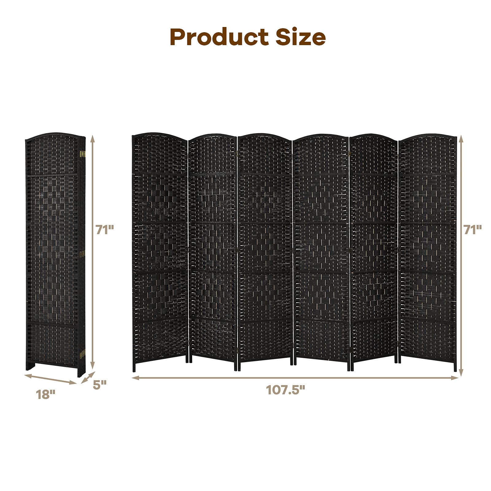 6-Panel Screen Room Divider, 6Ft Folding Privacy Screen w/Hand-woven Rattan