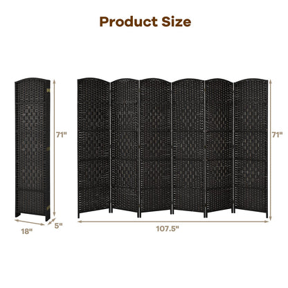 6-Panel Screen Room Divider, 6Ft Folding Privacy Screen w/Hand-woven Rattan