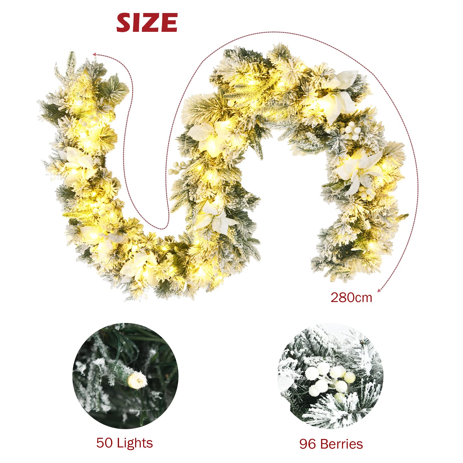 280cm Christmas Garland, Pre-Lit Flocked Garland w/180 Tips