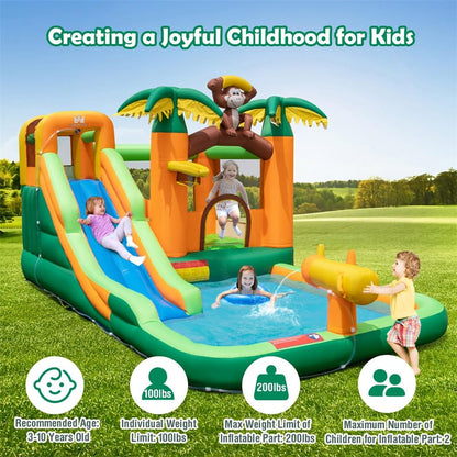 7-in-1 Inflatable Water Slide Park with Bounce House, Splash Pool, Cannon & Climbing Wall, Kids Outdoor Jumping Castle for Backyard