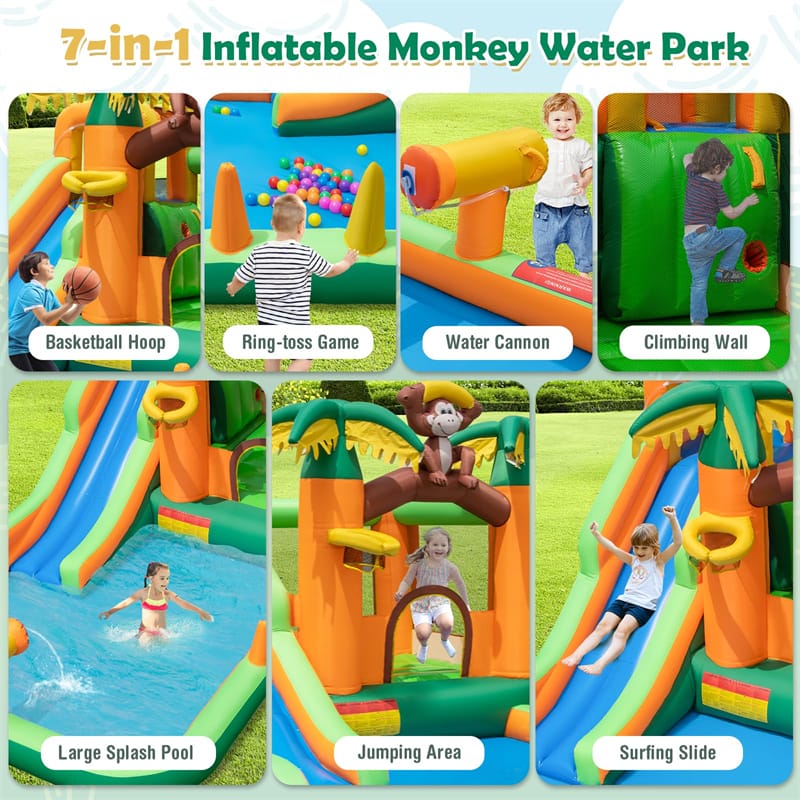 7-in-1 Inflatable Water Slide Park with Bounce House, Splash Pool, Cannon & Climbing Wall, Kids Outdoor Jumping Castle for Backyard