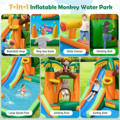 7-in-1 Inflatable Water Slide Park with Bounce House, Splash Pool, Cannon & Climbing Wall, Kids Outdoor Jumping Castle for Backyard