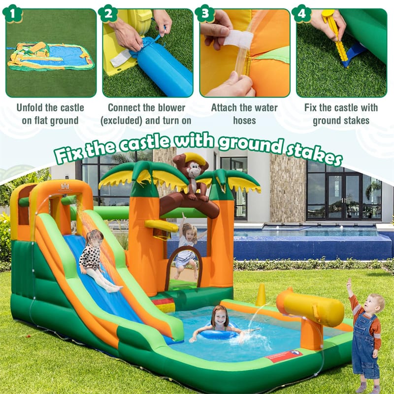 7-in-1 Inflatable Water Slide Park with Bounce House, Splash Pool, Cannon & Climbing Wall, Kids Outdoor Jumping Castle for Backyard