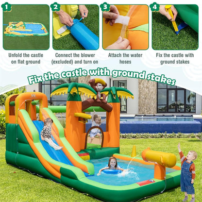 7-in-1 Inflatable Water Slide Park with Bounce House, Splash Pool, Cannon & Climbing Wall, Kids Outdoor Jumping Castle for Backyard
