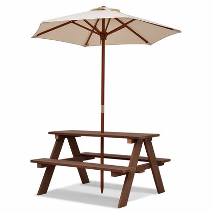 Kids Picnic Table, Outdoor Wooden Children Table & Bench Set with Removable Umbrella, Kids Patio Furniture Activity Table & Chair for Garden Backyard