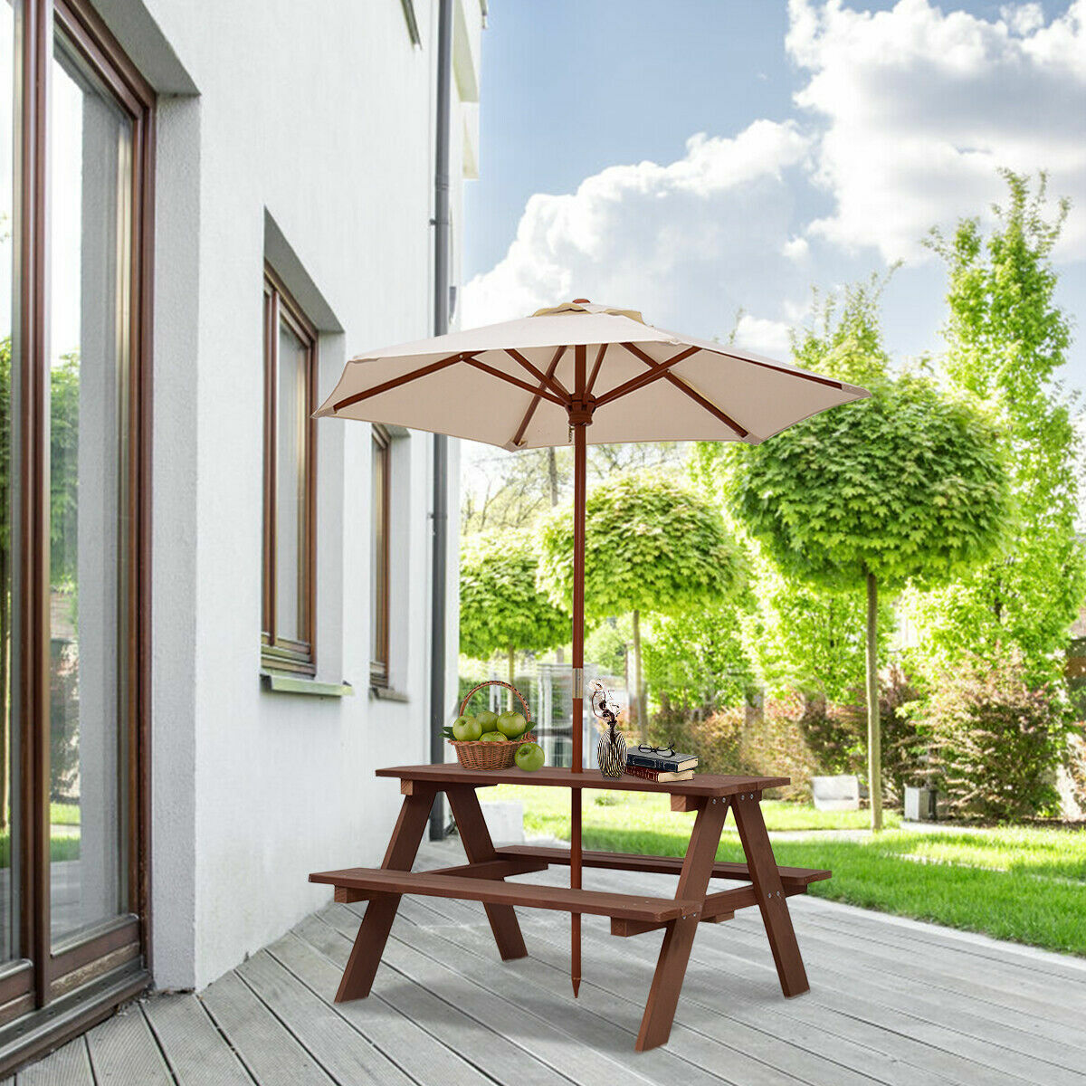 Kids Picnic Table, Outdoor Wooden Children Table & Bench Set with Removable Umbrella, Kids Patio Furniture Activity Table & Chair for Garden Backyard