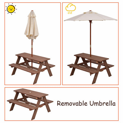 Kids Picnic Table, Outdoor Wooden Children Table & Bench Set with Removable Umbrella, Kids Patio Furniture Activity Table & Chair for Garden Backyard