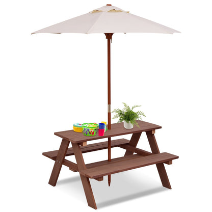 Kids Picnic Table, Outdoor Wooden Children Table & Bench Set with Removable Umbrella, Kids Patio Furniture Activity Table & Chair for Garden Backyard