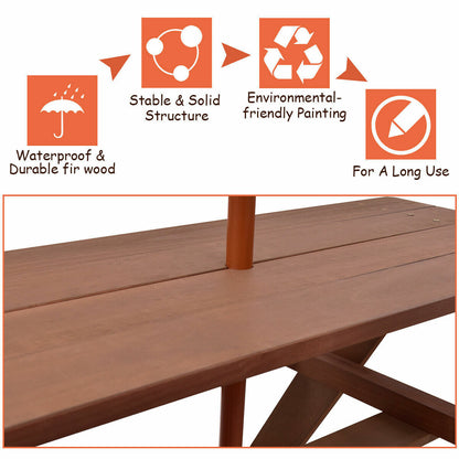 Kids Picnic Table, Outdoor Wooden Children Table & Bench Set with Removable Umbrella, Kids Patio Furniture Activity Table & Chair for Garden Backyard