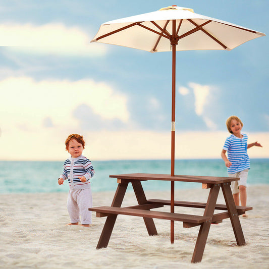 Kids Picnic Table, Outdoor Wooden Children Table & Bench Set with Removable Umbrella, Kids Patio Furniture Activity Table & Chair for Garden Backyard