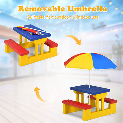 4 Seat Kids Picnic Table Bench Set Children Folding Bench Table with Removable Umbrella for Indoor Outdoor Garden Yard