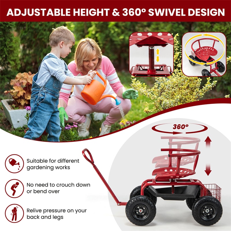 Rolling Garden Cart, Height Adjustable Garden Scooter with 360¡ã Swivel Work Seat, Tool Tray, Storage Basket & Handle for Yard Gardening Work