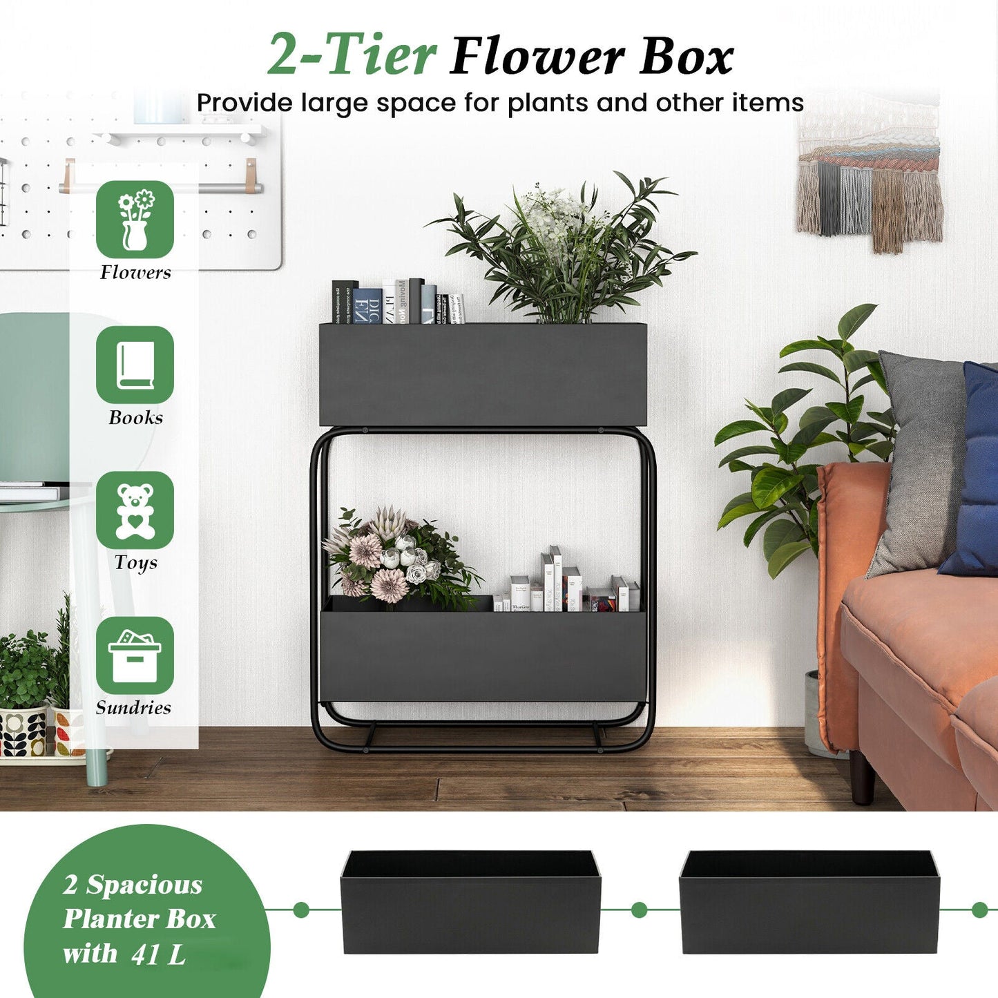 2-Tier Metal Elevated Garden Bed Raised Planter Box Flowers Plant Stand