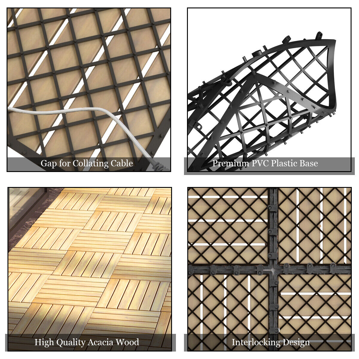 10PCS 30 x 30cm Acacia Wood Deck Tiles Interlocking Patio Pavers Stripe Pattern