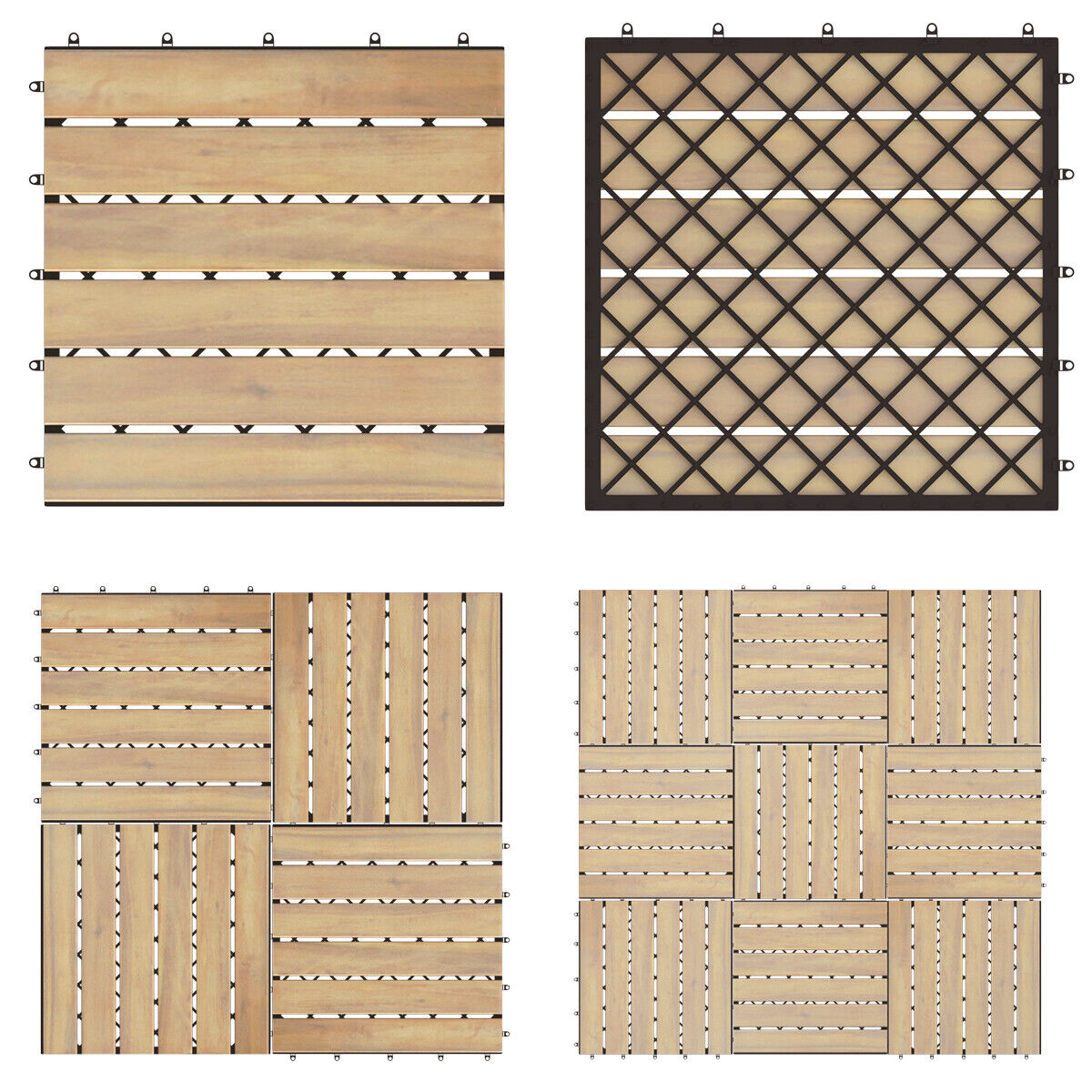 10PCS 30 x 30cm Acacia Wood Deck Tiles Interlocking Patio Pavers Stripe Pattern
