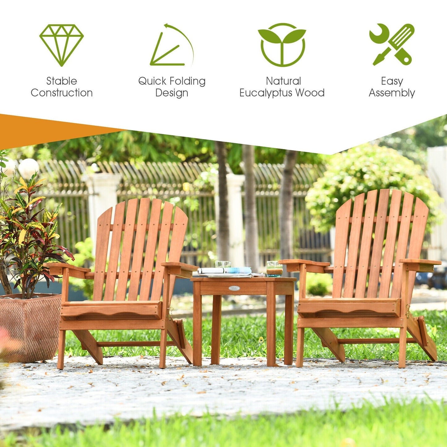 3PCS Patio Wooden Adirondack Chair Table Set Folding Seat Furniture Garden