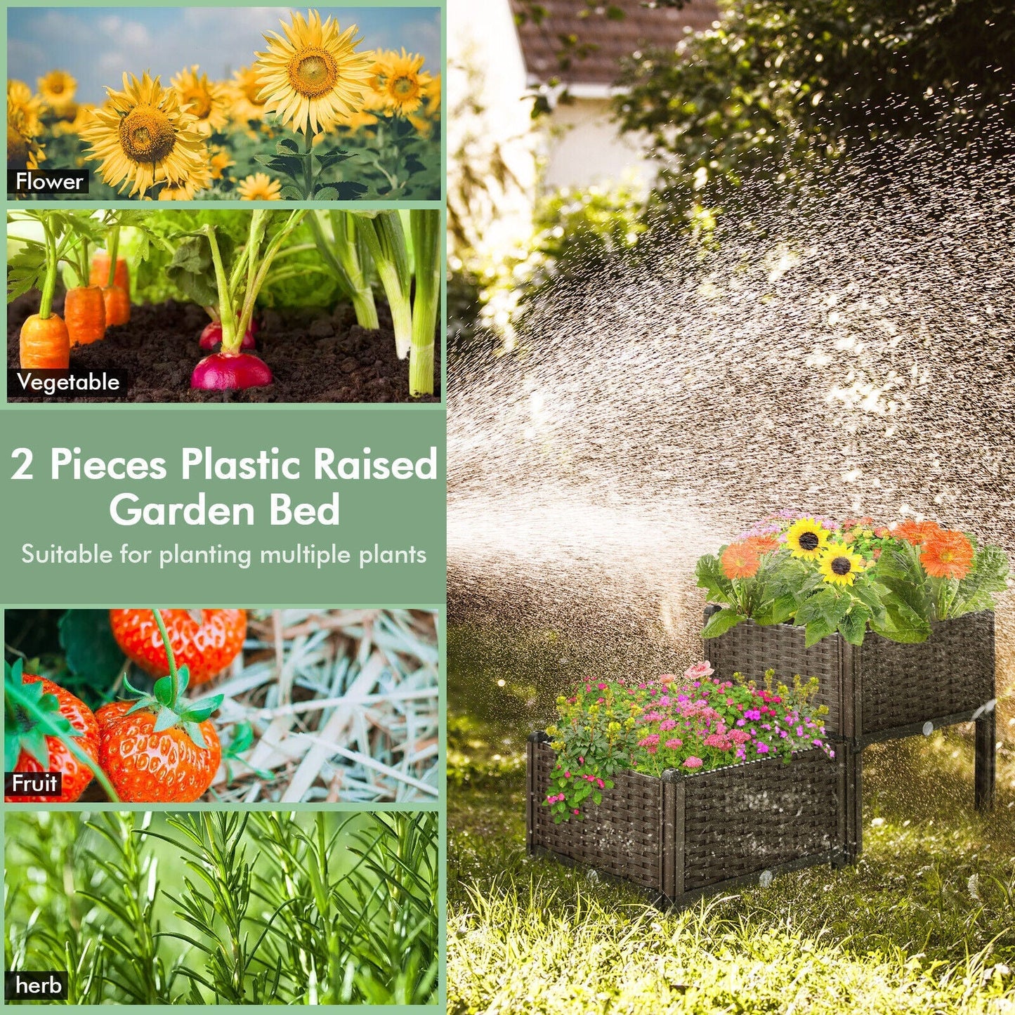 2 Set Elevated Plastic Raised Garden Bed Planter Kit for Flower Vegetable Grow