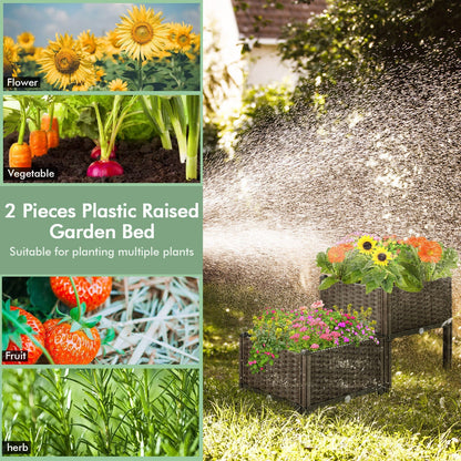 2 Set Elevated Plastic Raised Garden Bed Planter Kit for Flower Vegetable Grow