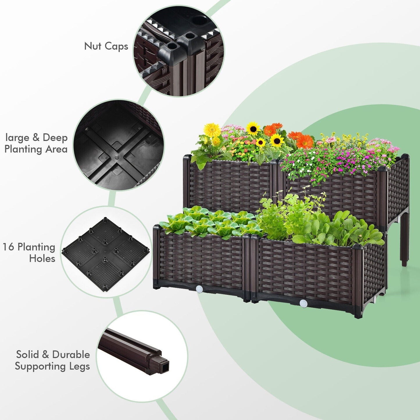 2 Set Elevated Plastic Raised Garden Bed Planter Kit for Flower Vegetable Grow