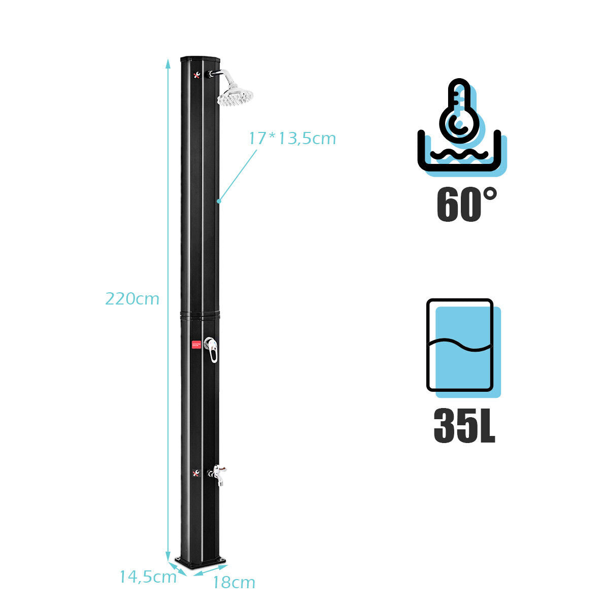2.2 M 35 L Outdoor Solar Heated Shower 2-Section W/360¡ã Head & Foot Shower