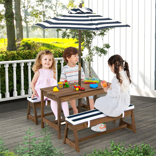Kids Wooden Picnic Table with Benches, Adjustable Umbrella & Removable Cushion, Outdoor Toddler Furniture Set for Patio Garden Backyard, Ages 3+